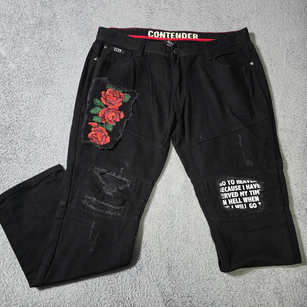 Contender Mens 38x32 Denim Pants Black Distressed Rose Graphic Streetwear Moto